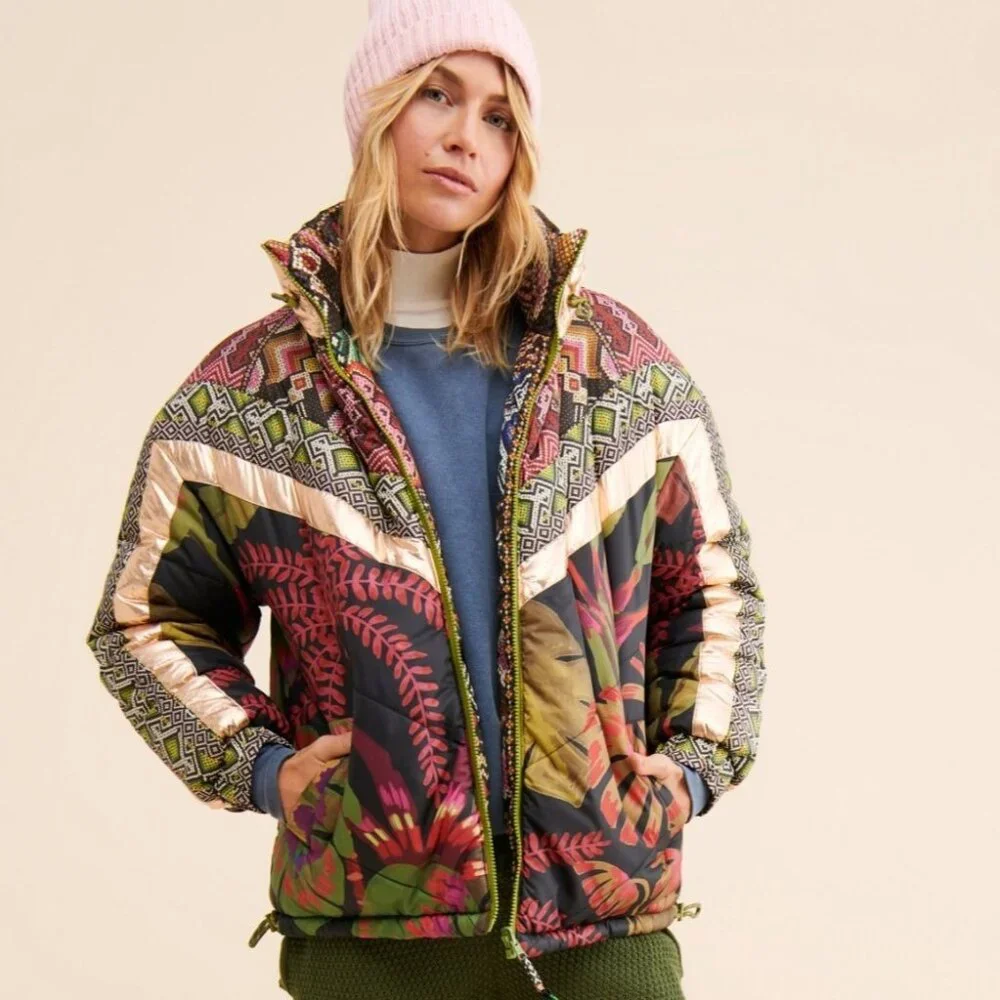 Farm Rio Puffer Jacket L Tropical Rauti Reversible Colorful Metallic WiNTER - Picture 4 of 14